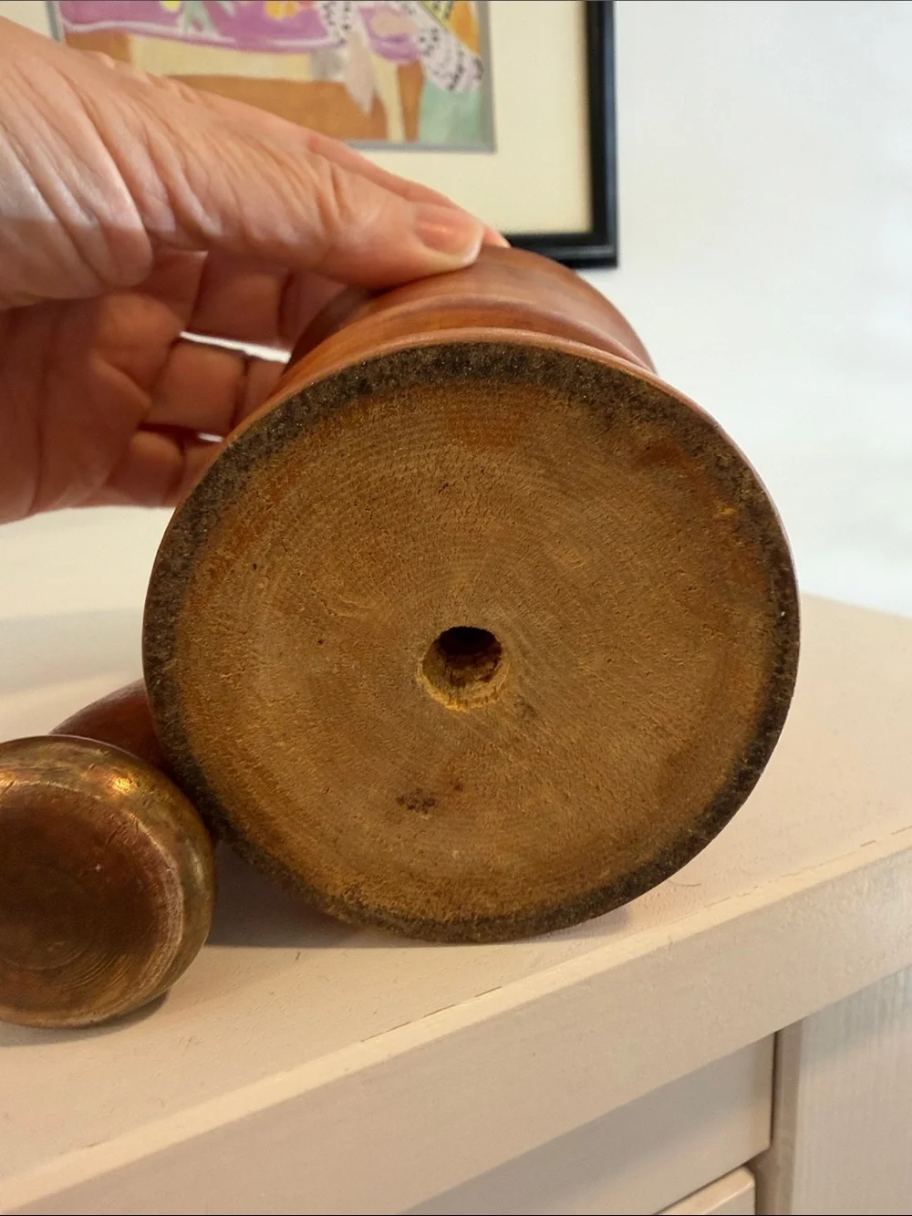 Wooden Vintage Mortar and Pestle with Brass Details
